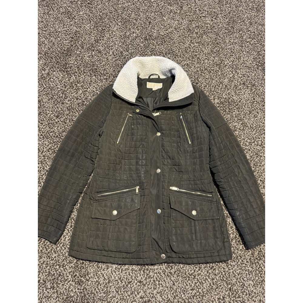 Michael Kors Women's Quilted Anorak Coat Dark Green Moss Gold Hardware M